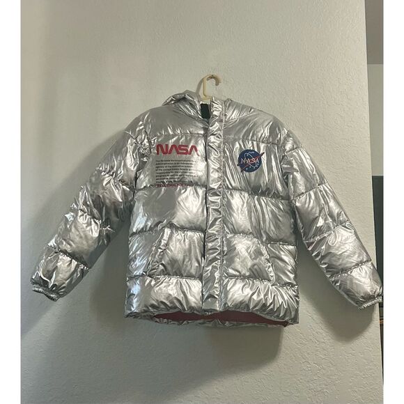 Nasa Puffer Jacket Chrome Silver With multiple patches L - Picture 1 of 6